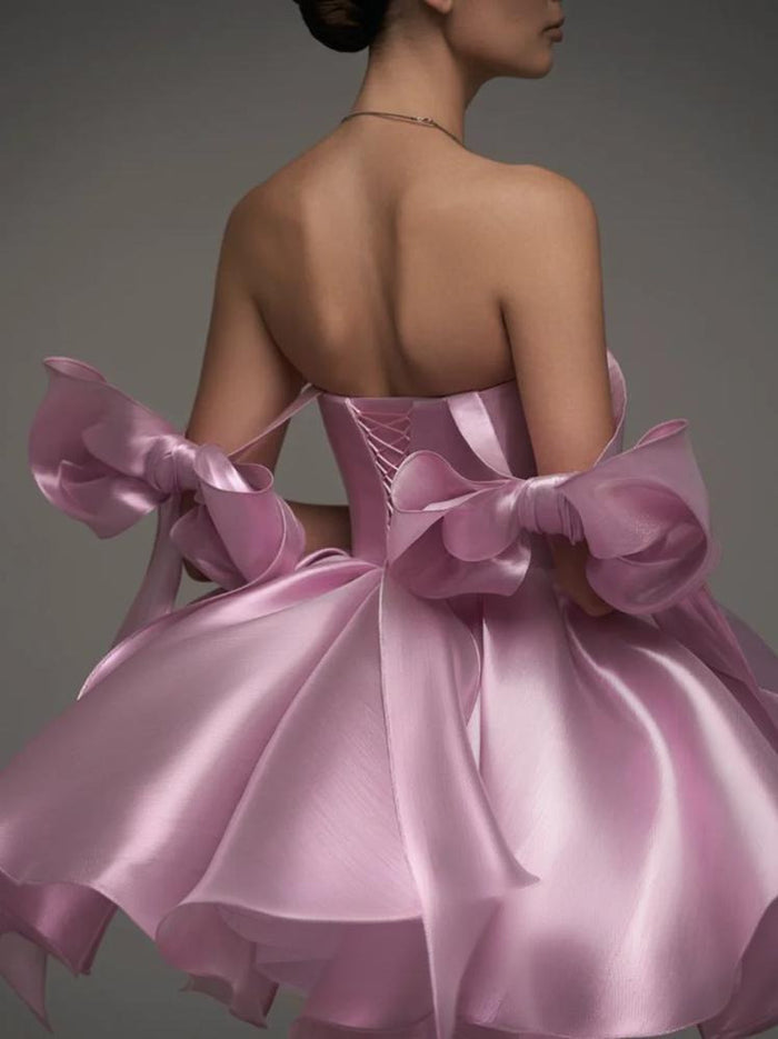 Satin Off-Shoulder Corset Dress with 3D Bows – Elegant Party & Homecoming Short Gown