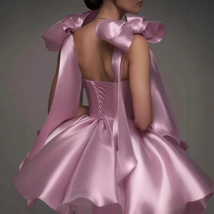 Satin Off-Shoulder Corset Dress with 3D Bows – Elegant Party & Homecoming Short Gown