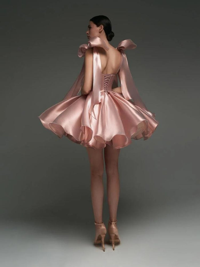 Satin Off-Shoulder Corset Dress with 3D Bows – Elegant Party & Homecoming Short Gown