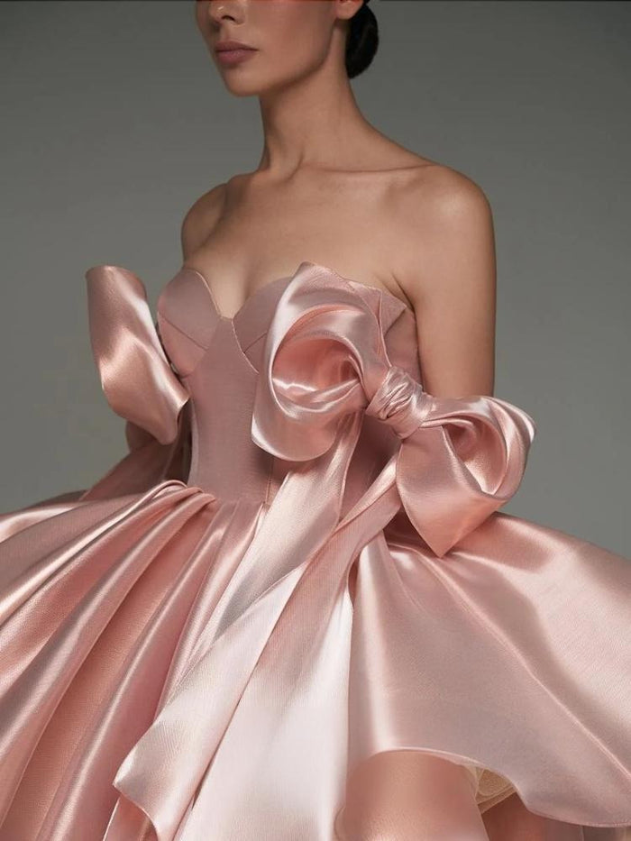 Satin Off-Shoulder Corset Dress with 3D Bows – Elegant Party & Homecoming Short Gown