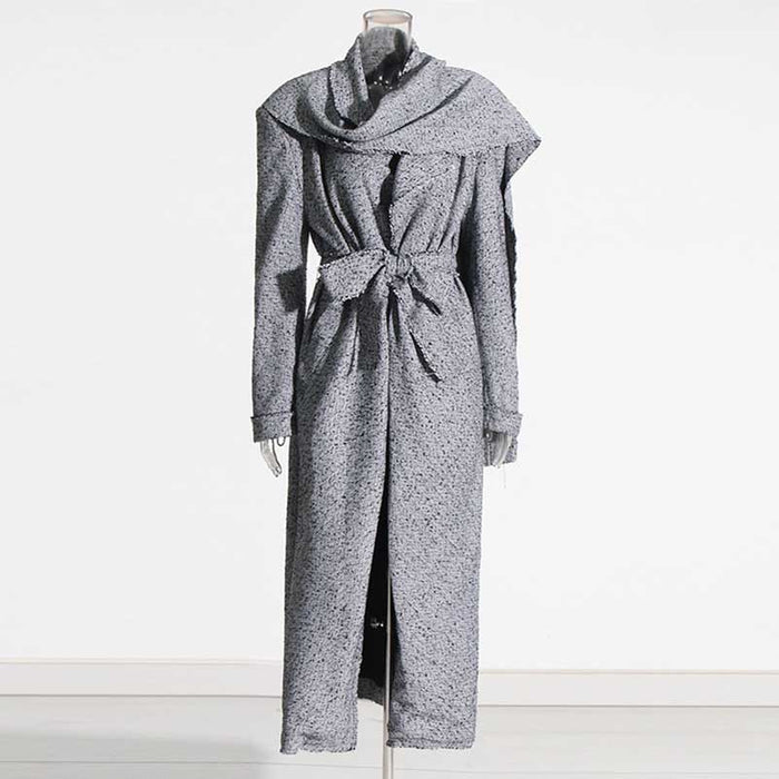 Scarf Trench Coat Lace-Up Grey Over-Size Long Coat