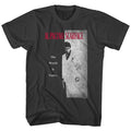 black scarface movie shirt with movie poster artwork and text that reads "al pacino scarface the world is yours"