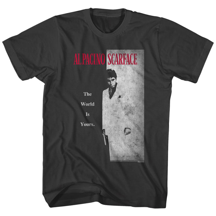 black scarface movie shirt with movie poster artwork and text that reads "al pacino scarface the world is yours"
