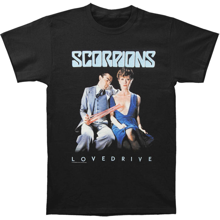 black scorpions band shirt with logo and lovedrive graphic with text that reads "lovedrive"