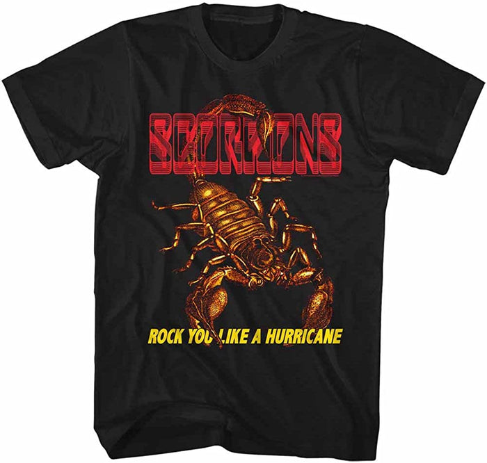 black scorpions band shirt with logo, scorpion graphic and text that reads "rock you like a hurricane"