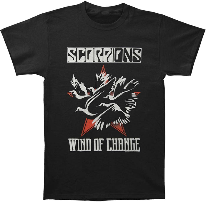 black scorpions band shirt with logo, dove graphic and text that reads "scorpions wind of change"