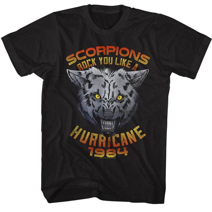 black scorpions band shirt with logo and wolf graphic with text that reads "scorpions rock you like a hurricane 1984"
