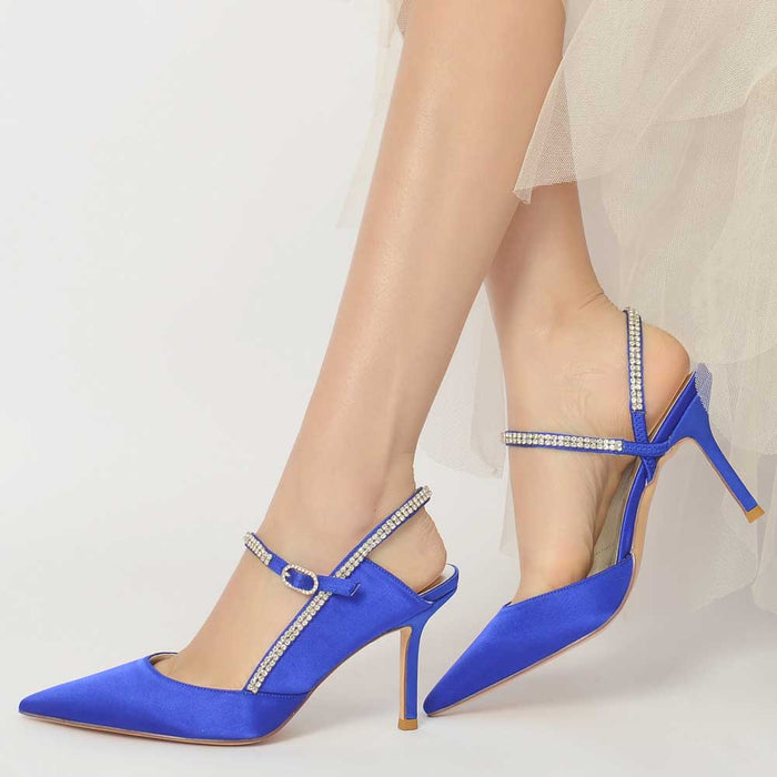 Bling stiletto pumps for women in blue with elegant slingback design and sparkling accents