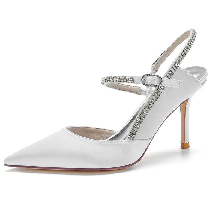 Elegant white bling stiletto pumps for women with sparkling strap and pointed toe design