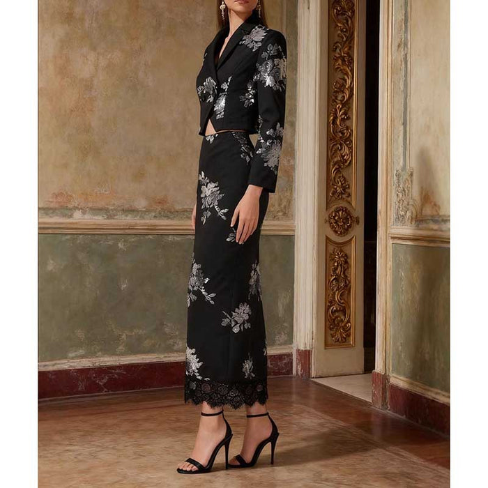 Elegant floral sequin crop top skirt set from SD Dresscode with a black floral design and lace trim