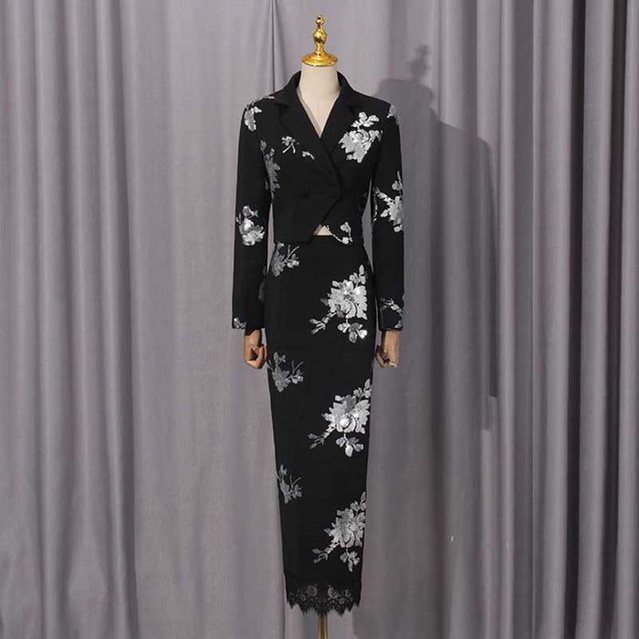 Elegant floral sequin crop top skirt set from SD Dresscode with stylish floral patterns in black