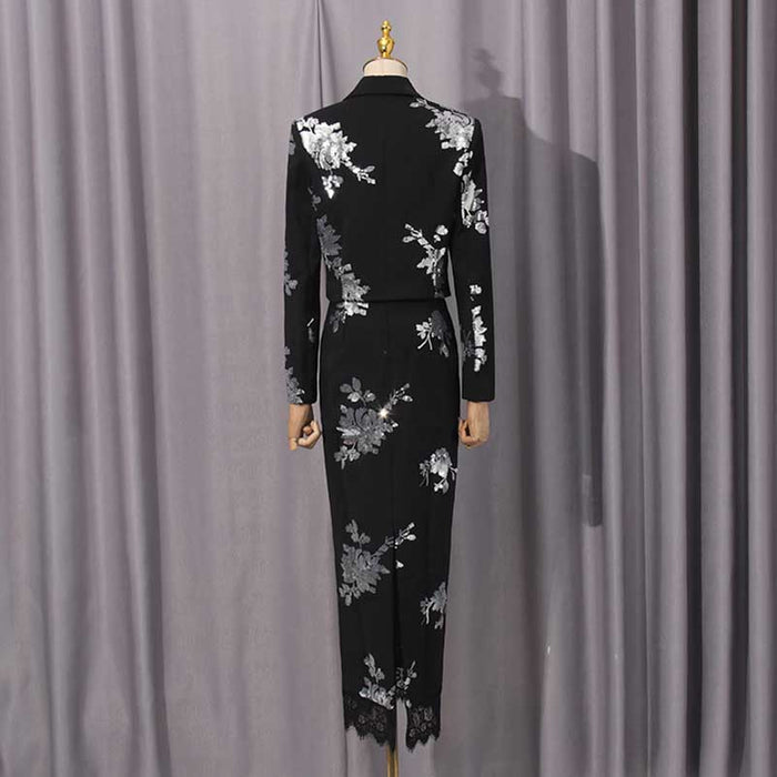 Elegant floral sequin crop top skirt set in black with floral designs, perfect for formal events