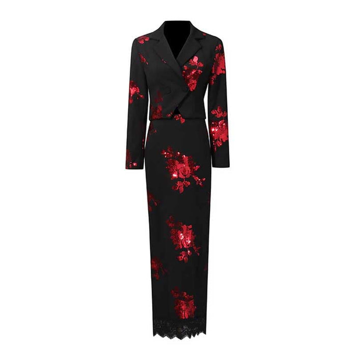 Floral sequin crop top skirt set in black with red floral design and elegant long silhouette
