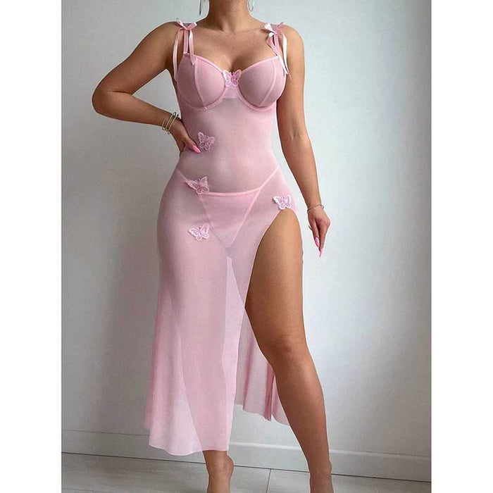 Pink high split lace bodycon dress with butterfly details and adjustable straps for a trendy look