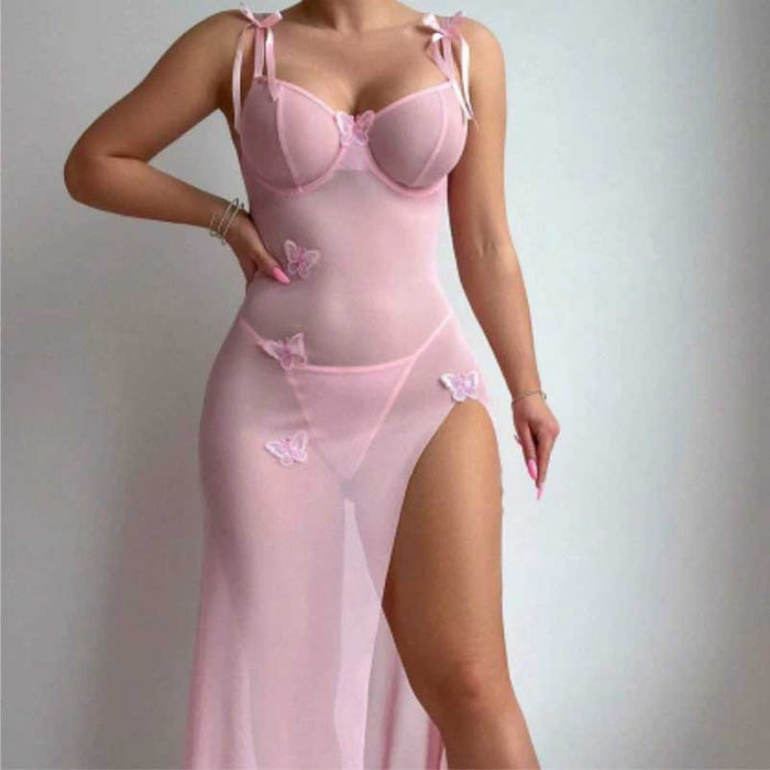 Pink high split lace bodycon dress with butterfly details and adjustable straps for a stylish look