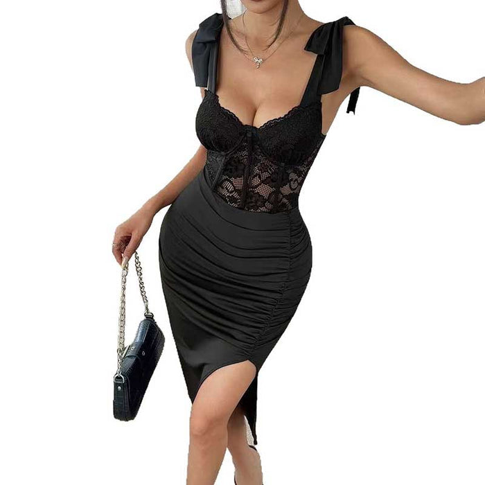 Elegant lace strap bodycon dress with ruched detailing and a side slit for a stylish look