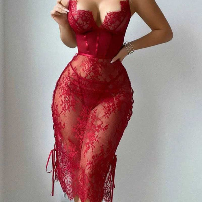 Elegant red lace teddy night dress for women featuring a fitted bodice and sheer detailing
