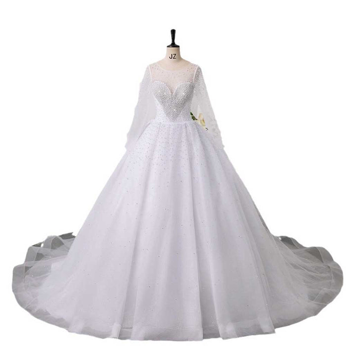 Elegant sweetheart tulle wedding dress with intricate beading and flowing sleeves