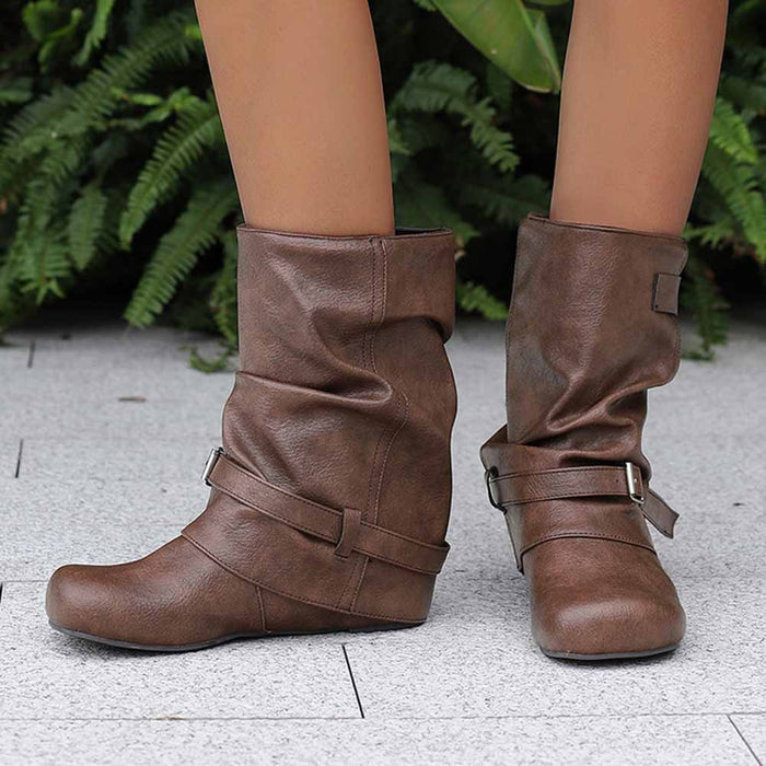 Brown handmade wedge heel ankle boots with buckle detail for stylish fall footwear