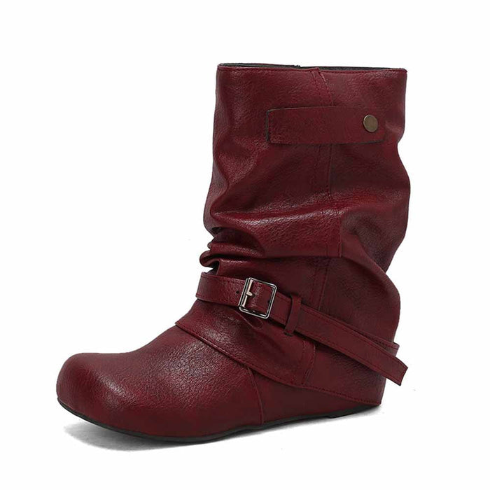 Burgundy handmade wedge heel ankle boots with stylish buckle detail for a chic look
