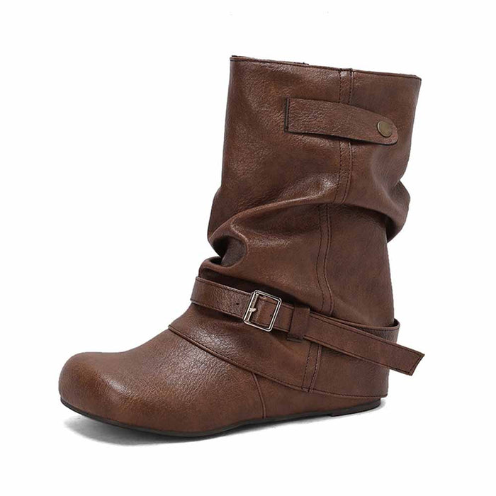 Brown handmade wedge heel ankle boots with stylish buckle detail for comfortable wear