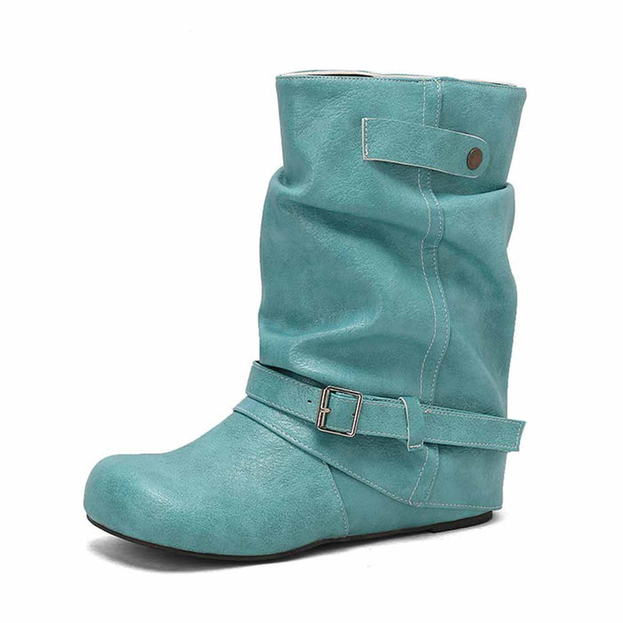Turquoise handmade wedge heel ankle boots with a stylish buckle design for fashionable comfort