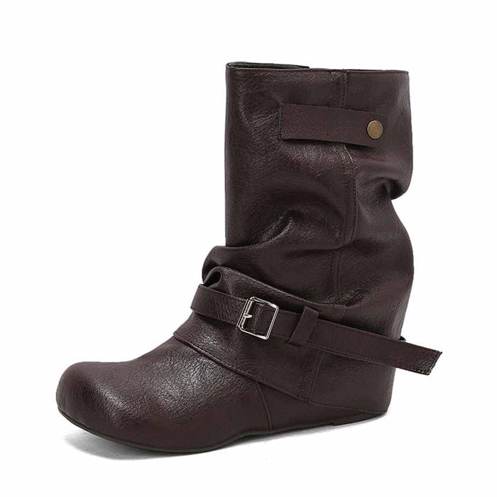 Brown handmade wedge heel ankle boots with a stylish buckle detail for trendy outfits