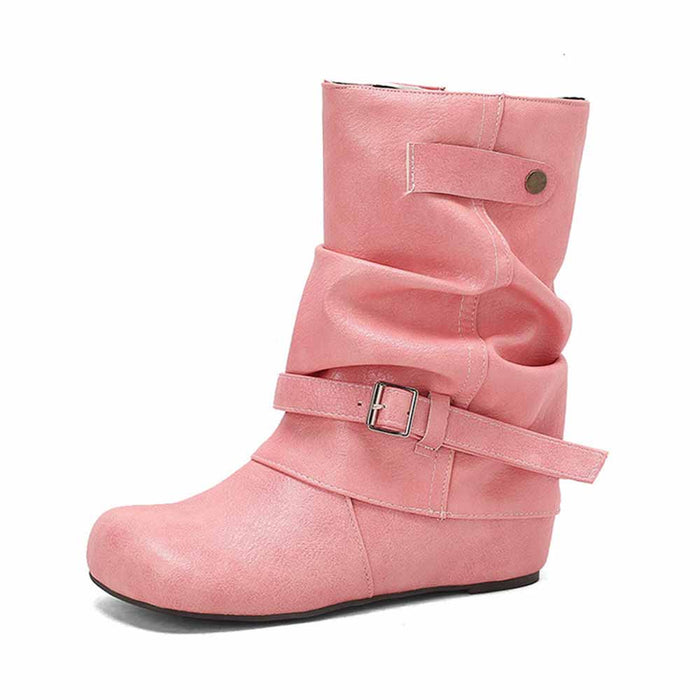 Pink handmade wedge heel ankle boots with stylish buckle detailing for a chic look