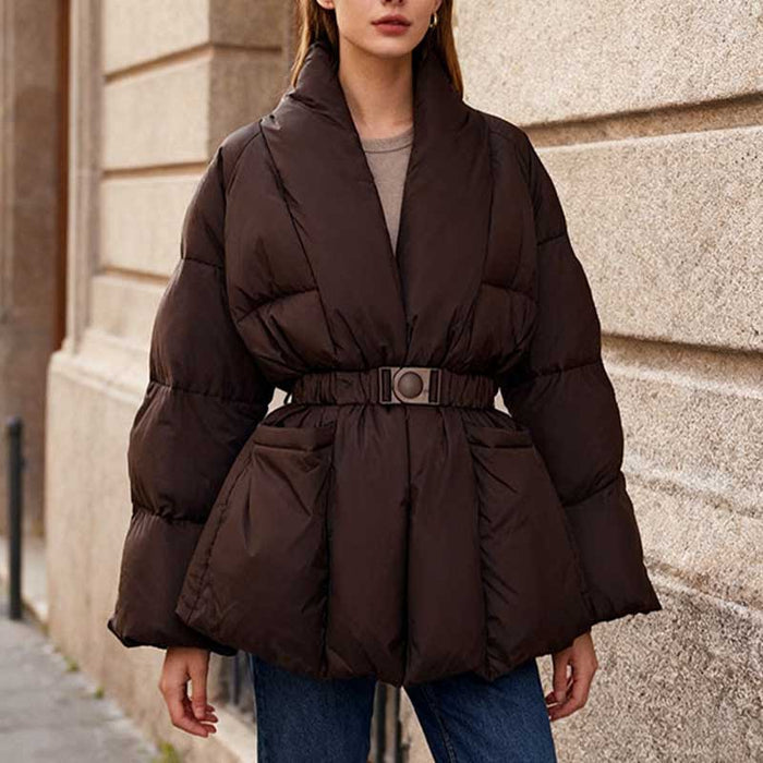 Retro vintage cotton padded jacket in brown with a belted waist and stylish design