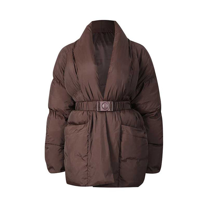 Brown retro vintage cotton padded jacket with a belted waist and pockets for stylish warmth