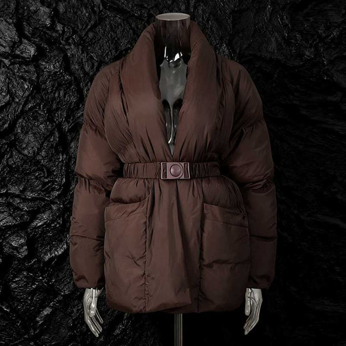 Brown sd-hk retro vintage cotton padded jacket with a belted waist and large pockets