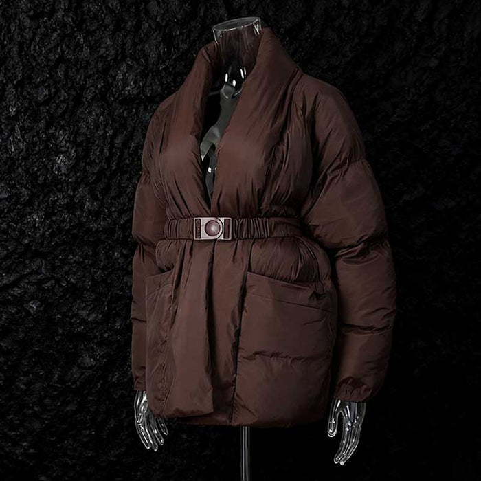 Retro vintage cotton padded jacket in brown with a belted waist and side pockets