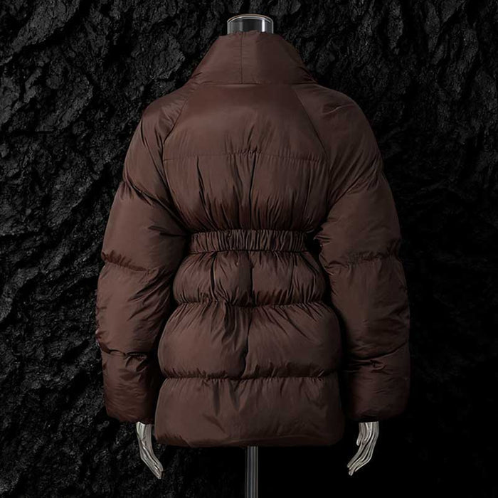 Brown retro vintage cotton padded jacket with a cinched waist and oversized silhouette