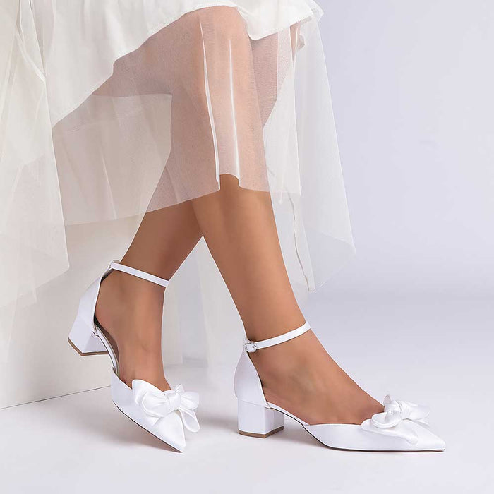 Elegant satin bow wedding shoes with ankle strap and block heels for a stylish bridal look