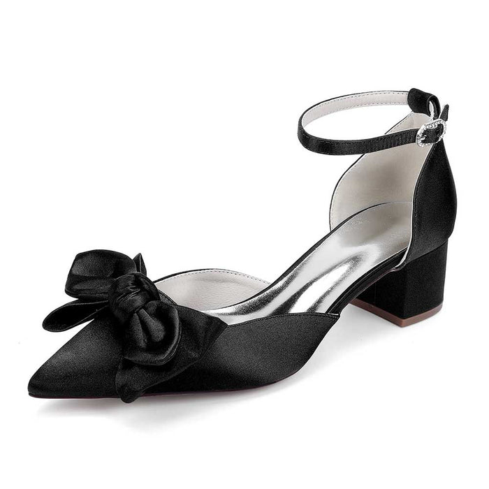 Elegant black satin bow wedding shoes with ankle strap and block heel design