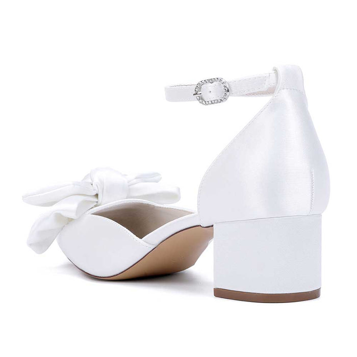 White satin bow wedding shoes with ankle strap and block heel, perfect for bridal occasions