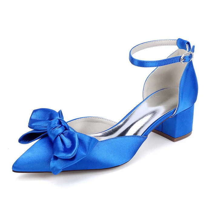 Blue satin bow wedding shoes with ankle strap and block heel for stylish bridal elegance