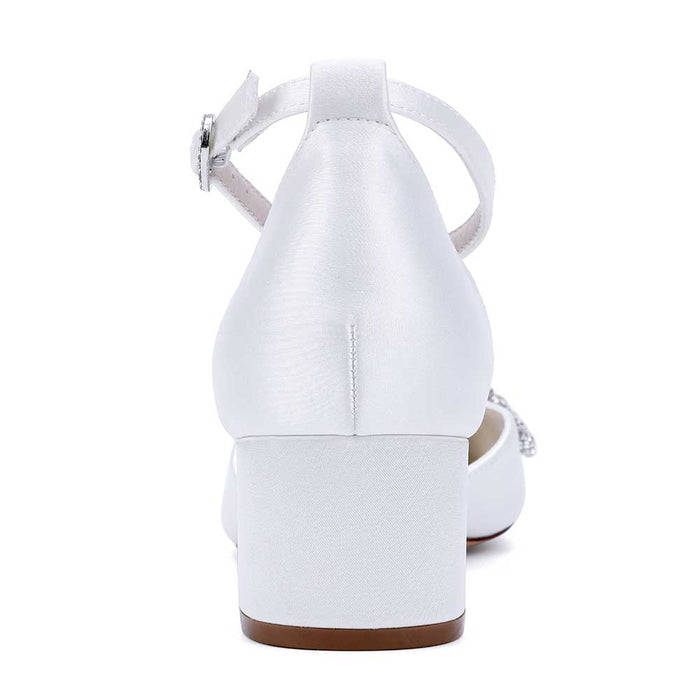Elegant white satin bridal shoes with rhinestones and a comfortable block heel for weddings
