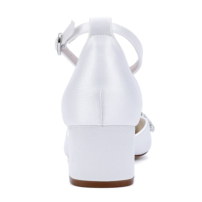 Elegant white wedding ankle strap heels for bride with a block heel design