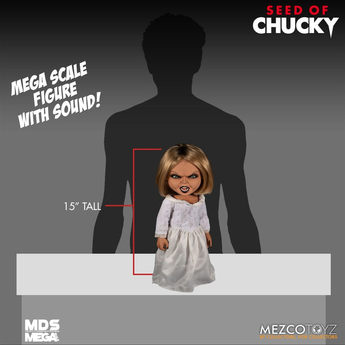 Tiffany doll is outfitted in an all-white gown and choker necklace. Doll comes complete with a knife accessory that fits nearly in her right hand.