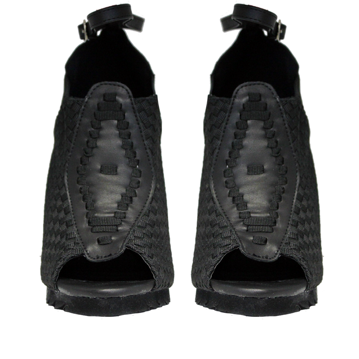 front view of 6" heel sandal with adjustable ankle strap and woven nylon upper and sides with vegan leather details.