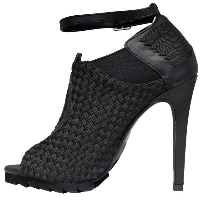 inner side view of 6" heel sandal with adjustable ankle strap and woven nylon upper and sides with vegan leather details.