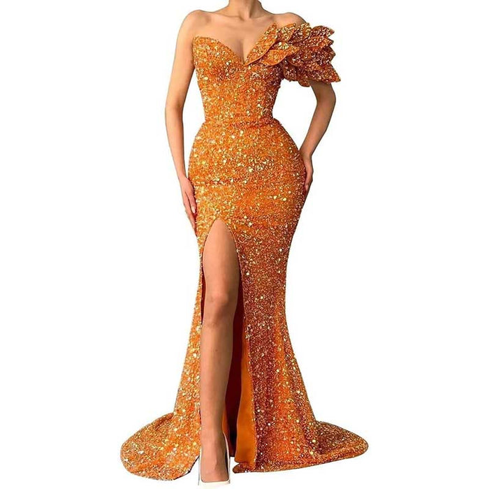Sequin Wedding Prom Dresses Sparkly One Shoulder Mermaid Evening Gonws