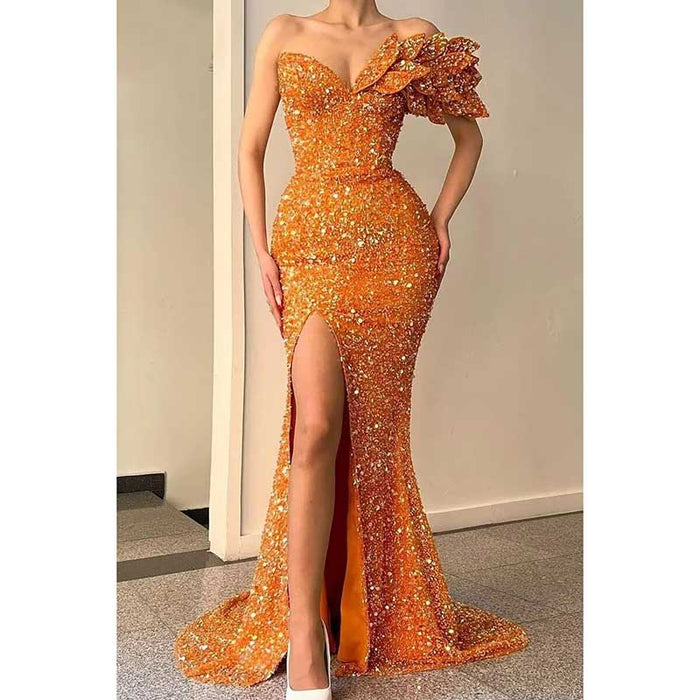 Sequin Wedding Prom Dresses Sparkly One Shoulder Mermaid Evening Gonws