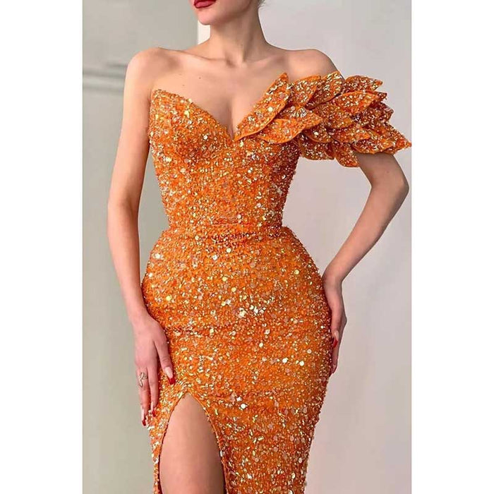 Sequin Wedding Prom Dresses Sparkly One Shoulder Mermaid Evening Gonws