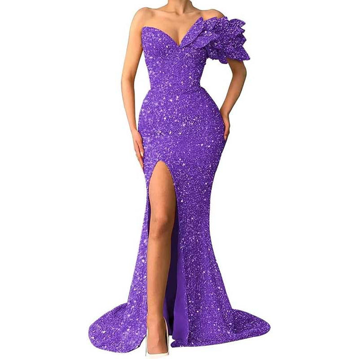 Sequin Wedding Prom Dresses Sparkly One Shoulder Mermaid Evening Gonws