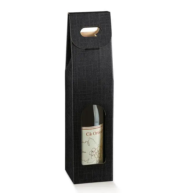 Seta Nero - 1 Bottle Carrier - Black Linen Embossed  3-1/2 x 3-1/2 x 15    50/cs - Mac Paper Supply