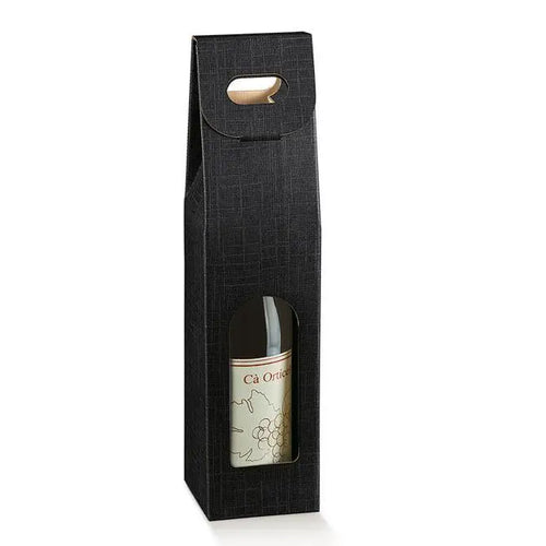 Seta Nero - 1 Bottle Carrier - Black Linen Embossed  3-1/2 x 3-1/2 x 15    50/cs - Mac Paper Supply