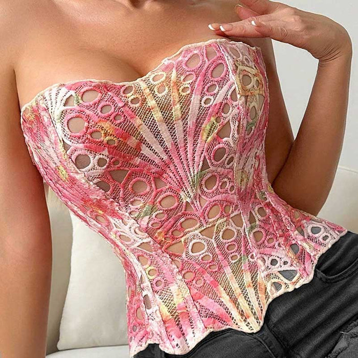 SD Dresscode Floral Lace Crop Top with Strapless Design and Colorful Pattern for Stylish Outfits