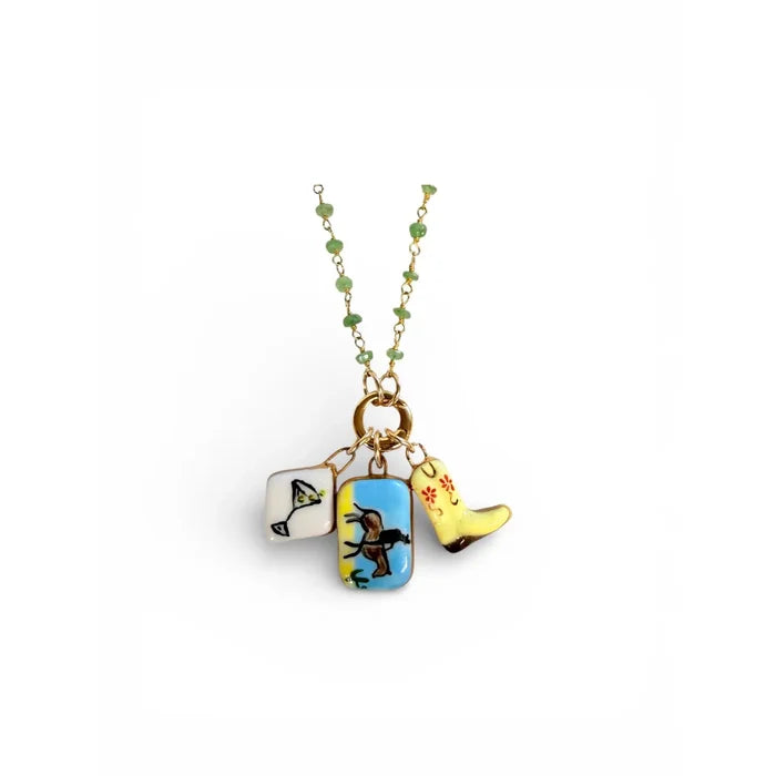Shà Parlé Wire Wrap Gemstone Charm Holder Necklace w/ Extender – Light Green Periodt - Romantiques